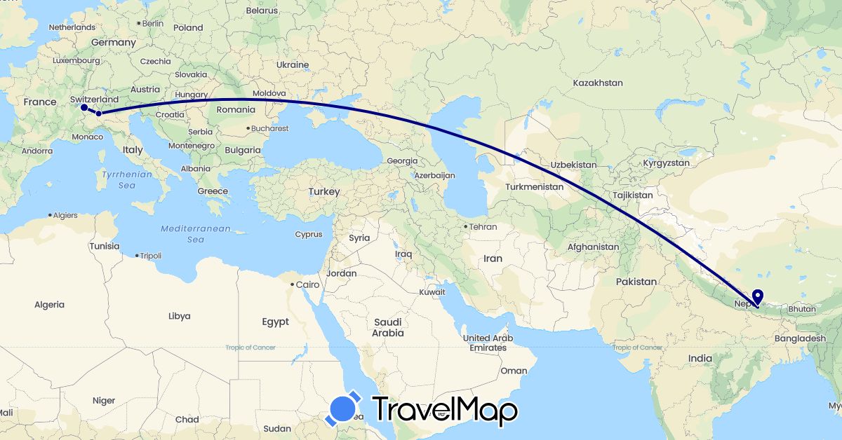 TravelMap itinerary: driving in Switzerland, Italy, Nepal (Asia, Europe)
